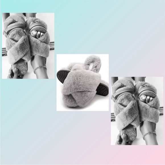 NWT FamilyPort Fluff Faux Fur Cross Band Slide Slippers in Silver - Picture 2 of 5